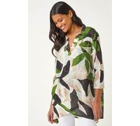 Roman Originals Foral Print Tunic Top for Women UK Ladies Casual Shirt Smart Blouse Asymmetric Wrap Hem Spring Summer Holiday Party Beach Cruise 3/4 Sleeve Longline Oversized - Leaf Green - Size 12
