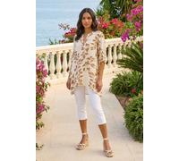 Roman Originals Floral Print Tunic Top for Women UK Ladies Casual Shirt Smart Blouse Asymmetric Wrap Hem Summer Holiday Party Cruise 3/4 Sleeve Longline Oversized - Leaf Cream - Size 10