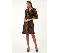 Roman Wrap Tea Dress for Women UK Ladies Fit Flare Skater Swing Stretch Frill Long & Short Sleeve Evening Cocktail Party Work Office Smart Casual Knee Length - Bronze - Size 16