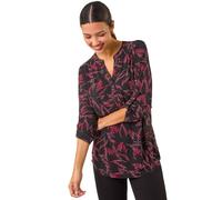 Roman Women's Leaf Puff Print Button Front 3/4 SleeveTop in Red | Size: 12 Roman Red 12