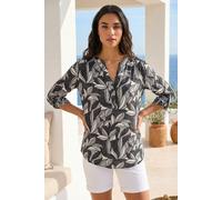 Roman Shirt for Women UK Ladies Top Collarless Blouse Stretchy Tunic Smart Casual Autumn Winter Jersey 3/4 Length Sleeve Notch V Neck Flattering Office Work - Leaf Puff Black - Size 16