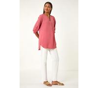 Roman Originals Shirt for Women UK Ladies Longline Top Collarless Blouse Smart Tunic Casual Evening Relaxed Fit 3/4 Length Sleeve Notch V Neck Long - Dusty Pink - Size 10