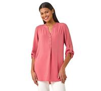 Roman Originals Shirt for Women UK Ladies Longline Top Collarless Blouse Smart Tunic Casual Evening Relaxed Fit 3/4 Length Sleeve Notch V Neck Long - Dusty Pink - Size 14