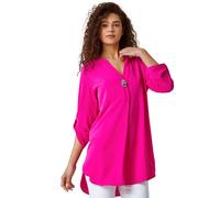 Roman Originals Shirt for Women UK Ladies Longline Top Collarless Blouse Smart Tunic Casual Evening Relaxed Fit 3/4 Length Sleeve Notch V Neck Long - Fuchsia - Size 10