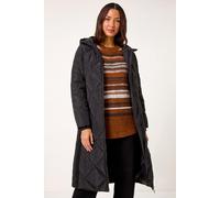 Roman Originals Longline Diamond Quilt Hooded Coat for Women UK - Ladies Everyday Autumn Winter Funnel Neckline Comfy Soft Evening Vacation Work Party Night Out - Black - Size 10