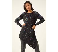 Roman Metallic Spot Print Asymmetric Jumper for Women UK - Ladies Autumn Everyday Winter Holiday Round Neckline Comfy Long Sleeve Soft All Over Pattern Top Daywear Sweaters - Black - Size 20