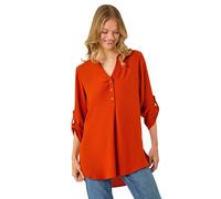 Roman Originals Shirt for Women UK Ladies Top Collarless Blouse Stretchy Tunic Smart Casual Autumn Winter Jersey 3/4 Length Sleeve Notch V Neck Flattering Office Work - Rust - Size 14