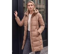 Roman Originals Padded Coat for Women UK - Ladies Longline Puffer Winter Quilted Parka Waterproof Rainproof Wind Resistant Thermal Jacket Long Length Warm Zip Hood Puffa Cosy - Light Mocha - Size 18