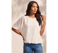 Roman Originals Mesh Bubble Hem Stretch Top for Women UK - Ladies Everyday Holiday Spring Summer Round Neckline Comfy Soft Evening Vacation Work Party - Ivory - Size 12