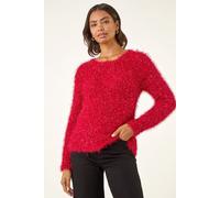 Roman Originals Metallic Fluffy Knit Jumper for Women UK - Ladies Everyday Autumn Winter Crew Neckline Comfy Soft Evening Vacation Work Party Night Out - Red - Size 14