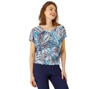 Roman Originals Metallic Leaf Print Stretch Top for Women UK - Ladies Everyday Holiday Spring Summer Round Neckline Comfy Soft Evening Vacation Work Party - Petrol Blue - Size 20