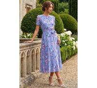 Roman Floral Print Pleat Neck Midi Dress for Women UK Ladies Spring Everyday Summer Holiday Round Neckline Comfy Short Sleeve Soft Fit & Flare Frock Dinner Date - Floral Blue - Size 18