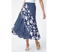 Roman Originals Jersey Skirt for Women UK - Ladies Midi Maxi Floral Animal Print Summer Spring Holiday Swing Smart Casual Work Cocktail Party Going Out Holiday Cruise - Blue & White - Size 10