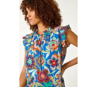 Roman Women's Mono Printed Frill Sleeve Top in Blue | Size: 18 Roman Blue 18