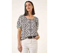 Roman Women's Mono Printed Tie Neck Top in White | Size: 12 Roman White 12