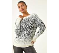 Roman Originals Fluffy Yarn Jumper for Women UK Ladies Thick Sweater Warm Cosy Chunky Knitted Pullover Winter Furry Casual Smart Textured Everyday Cuddly Comfy Soft Knitwear - Ivory Black - Size 14