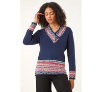 Roman Women's Nordic Print Button Detail Jumper in Midnight | Size: 10 Roman Midnight 10