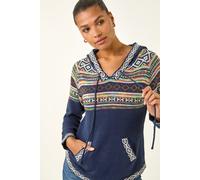 Roman Originals Women Jumper with Hood Ladies Winter Knitted Hoodie with Pockets Fairisle Nordic Aztec Print Hooded Sweater Knit Knitwear Autumn Flattering Casual Smart - Midnight Blue - Size 12