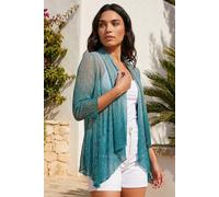 Roman Originals Women Ombre Metallic Plisse Kimono - Ladies Spring Everyday Summer Evening Vacation Work Holiday 3/4 Sleeve Cruise Smart Casual - Teal - Size 12