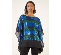 Roman Originals Sequin Hem Contrast Tunic Top for Women UK - Ladies Everyday Autumn Winter Round Neckline Comfy Soft Evening Vacation Work Party Night Out - Blue Noir - Size 12