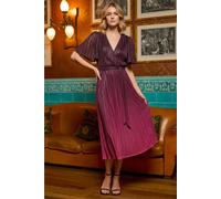 Roman Originals Shimmer Plisse Wrap Dress for Women UK - Ladies Everyday Holiday Spring Summer V-Neckline Comfy Soft Evening Vacation Work Party - Wine - Size 12