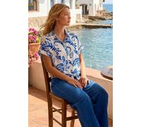 Roman Paisley Leaf Print Tie Front Top for Women UK - Ladies Spring Everyday Summer Holiday Short Sleeves Soft Button Up Comfy V-Neckline Shirt Vacation Beach Blouses - Blue - Size 18