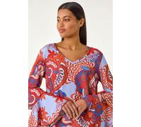 Roman Originals Paisley Print Flared Sleeve Top for Women UK - Ladies Everyday Holiday Spring Summer V-Neckline Comfy Soft Evening Vacation Work Party - Rust - Size 14