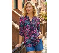 Roman Shirt for Women UK Ladies Top Collarless Blouse Stretchy Tunic Smart Casual Autumn Winter Jersey 3/4 Length Sleeve Notch V Neck Flattering Office Work - Paisley Pink - Size 20