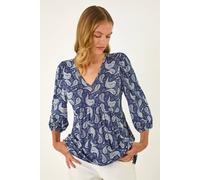 Roman Originals Smock Tunic Top for Women UK - Ladies Everyday Autumn Winter V-Neckline Comfy Soft Evening Vacation Work Party Night Out - Navy Paisley - Size 10