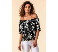 Roman Originals Bardot Top Off Shoulder Blouse for Women UK - Ladies Floral Print Shirt Palm Leaf Tropical Ditsy Cold Shoulder Jersey Frill Cuff Summer Spring Holiday - Black - Size 6