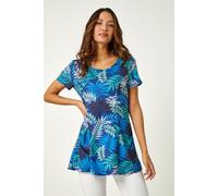 Roman Originals Swing Top with Pockets for Women UK Ladies Hanky Hem Asymmetric Tunic Blouse Longline Long Stretch Jersey Casual Round NeckTee Shirt T-Shirt - Blue Green White - Size 16