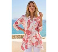Roman Originals Foral Print Tunic Top for Women UK Ladies Casual Shirt Smart Blouse Asymmetric Wrap Hem Spring Summer Holiday Party Beach Cruise 3/4 Sleeve Longline Oversized - Coral - Size 12