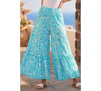 Roman Women's Palm Tile Print Tiered Palazzo Trouser in Turquoise | Size: Large Roman Turquoise L