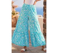 Roman Tile Tiered Palazzo Trouser for Women UK - Ladies Spring Everyday Summer Holiday Elasticated Waist Comfy Wide Leg Soft Lightweight Cool Bottoms Hippie Vacation Pants - Turqouise - Size S