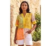 Roman Originals Patchwork Print Top for Women UK - Ladies Everyday Holiday Spring Summer V-Neckline Comfy Soft Evening Vacation Work Party - Yellow - Size 12