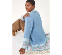 Roman Originals Women Cardigan - Ladies Longline Coatigan Tassel Open Front Cardi Winter Autumn Casual Textured Edge to Edge Yarn Patterned Comfy Work Going Out - Light Blue Multi - Size 16