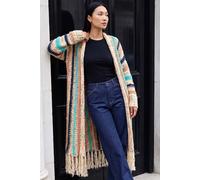Roman Originals Women Cardigan - Ladies Longline Coatigan Tassel Open Front Cardi Winter Autumn Casual Textured Edge to Edge Yarn Patterned Comfy Work Going Out - Natural Beige Multi - Size 14