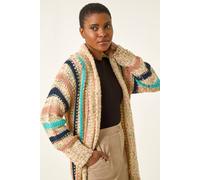 Roman Originals Women Cardigan - Ladies Longline Coatigan Tassel Open Front Cardi Winter Autumn Casual Textured Edge to Edge Yarn Patterned Comfy Work Going Out - Natural Beige Multi - Size 16
