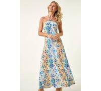 Roman Petite Abstract Gathered Halter Maxi Dress for Women UK - Ladies Everyday Holiday Spring Summer Comfy Soft Evening Vacation Work Party - Petite Pink - Size 14