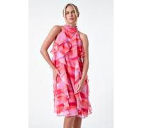 Petite Abstract Halter Neck Ruffle Dress Roman Orange 16