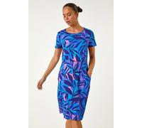 Roman Shift Dress with Pockets for Women UK - Ladies Summer Autumn Winter Smart Casual Work Short 3/4 Sleeve Tunic Knee Length Pleated Gathered Waist Tea Loose - Purple & Blue - Size 14