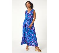 Roman Petite Abstract Pocket Stretch Maxi Dress for Women UK - Ladies Everyday Holiday Spring Summer V-Neckline Comfy Soft Evening Vacation Work Party - Petite Blue - Size 14