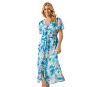 Roman Women's Petite Abstract Print Ruched Midi Dress in Turquoise | Size: 16 Roman Turquoise 16