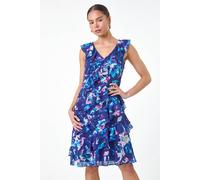 Roman Women's Petite Abstract Print Ruffle Shift Dress in Navy | Size: 16 Roman Navy 16