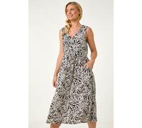 Roman Women's Petite Abstract Print V-Neck Midi Dress in Black | Size: 14 Roman Black 14
