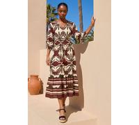 Roman Women's Petite Abstract Print V-Neck Midi Dress in Natural | Size: 18