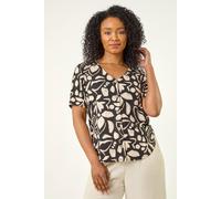 Roman Petite V-Neck Button Through Blouse for Women UK - Ladies Everyday Autumn Winter V-Neckline Comfy Soft Evening Vacation Work Party Night Out - Petite Abstract Black - Size 14