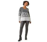 Roman Petite Animal Print Colourblock Jumper for Women UK - Ladies Autumn Everyday Winter Holiday V-Neckline Comfy Long Sleeve Soft Stretch Knit Top Desk to Dinner Sweaters - Grey - Size 14