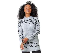 Roman Petite Animal Print Longline Jumper for Women UK - Ladies Autumn Everyday Winter Holiday High Neckline Comfy Long Sleeve Soft All Over Pattern Top Daywear Sweaters - Grey - Size 12