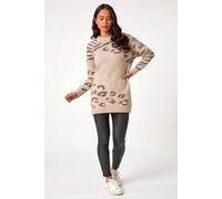 Roman Petite Animal Print Longline Jumper for Women UK - Ladies Autumn Everyday Winter Holiday High Neckline Comfy Long Sleeve Soft All Over Pattern Top Daywear Sweaters - Petite Stone - Size 14